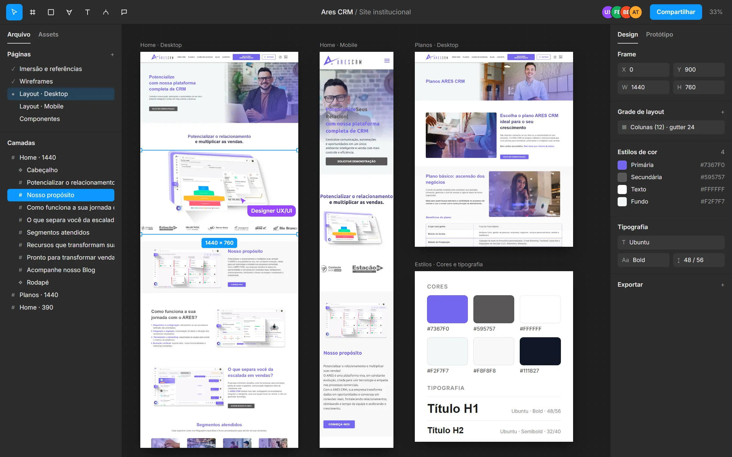 Reconstituição do projeto do site do Ares CRM no Figma, montada com as telas reais do site: a home no computador e no celular, a página de planos e o guia de cores e tipografia