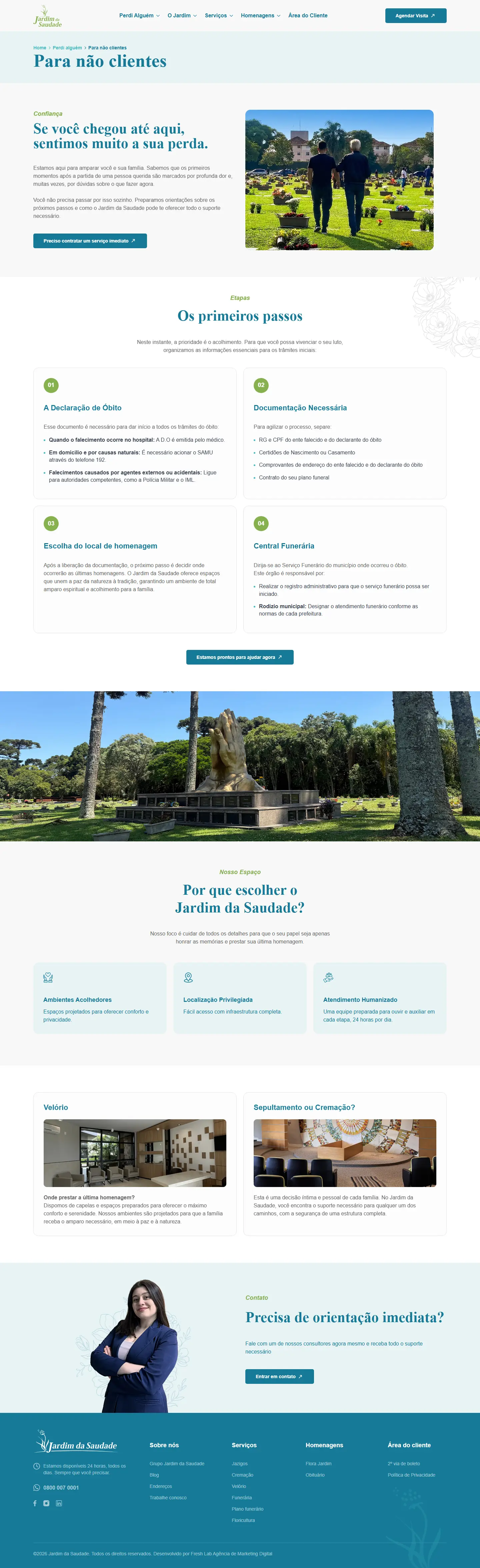 Página Para não clientes do site do Jardim da Saudade, com os primeiros passos para quem perdeu alguém, inteira, no computador
